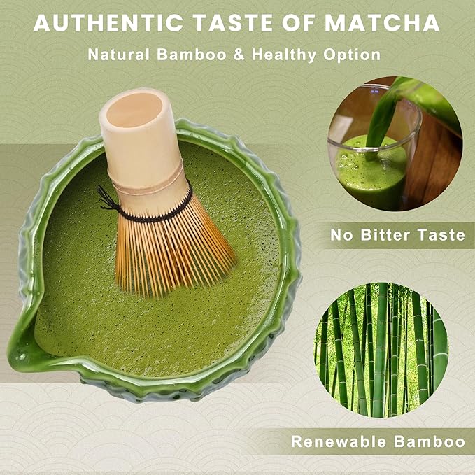 Matcha Whisk Set, Cactus Light Green Ceramic Matcha Set Includes Matcha Bowl, Matcha Whisk (Chasen) and Holder, Sifter, Bamboo Scoop & Spoon