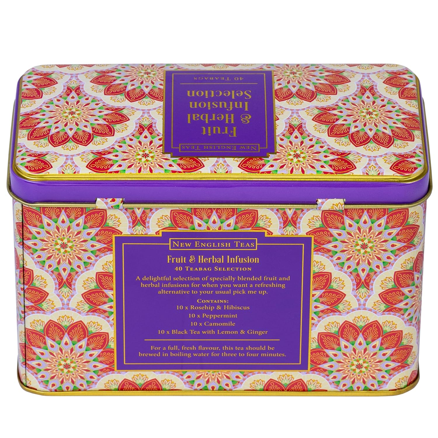 New English Teas Fruit and Herbal Tea in Tin with 40 Teabags - Rosehip & Hibiscus, Peppermint, Chamomile & Black Tea with Lemon & Ginger