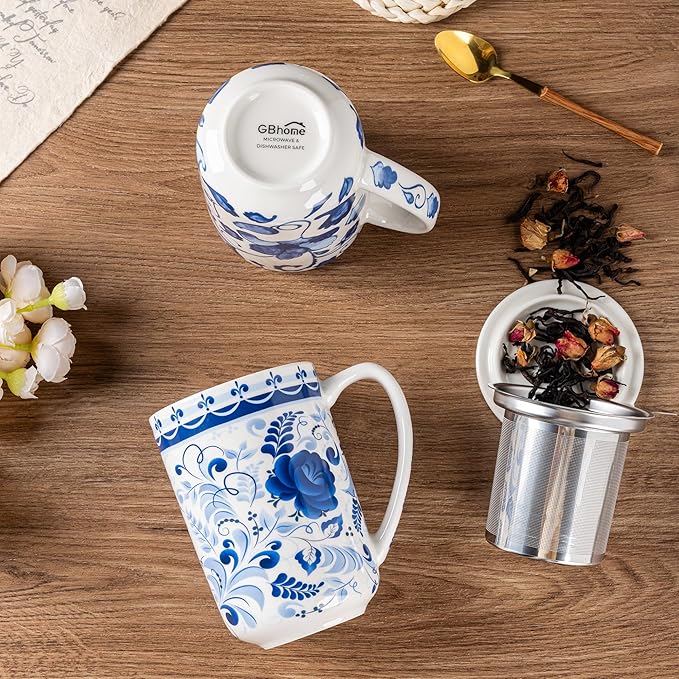 Gbhome Tea Mug with Infuser and Lid, 18 Ounce Large Ceramic Loose Leaf Cup, Microwave, Dishwasher Safe, Perfect For Tea Lovers