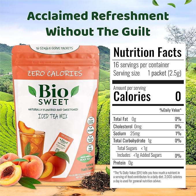 BioSweet Iced Tea Mixes - Peach Flavor | Zero Calorie Mix from Real Black Tea | Naturally Sweetened & Flavored | Non GMO, Gluten Free, Vegan (16 single-serve packets)