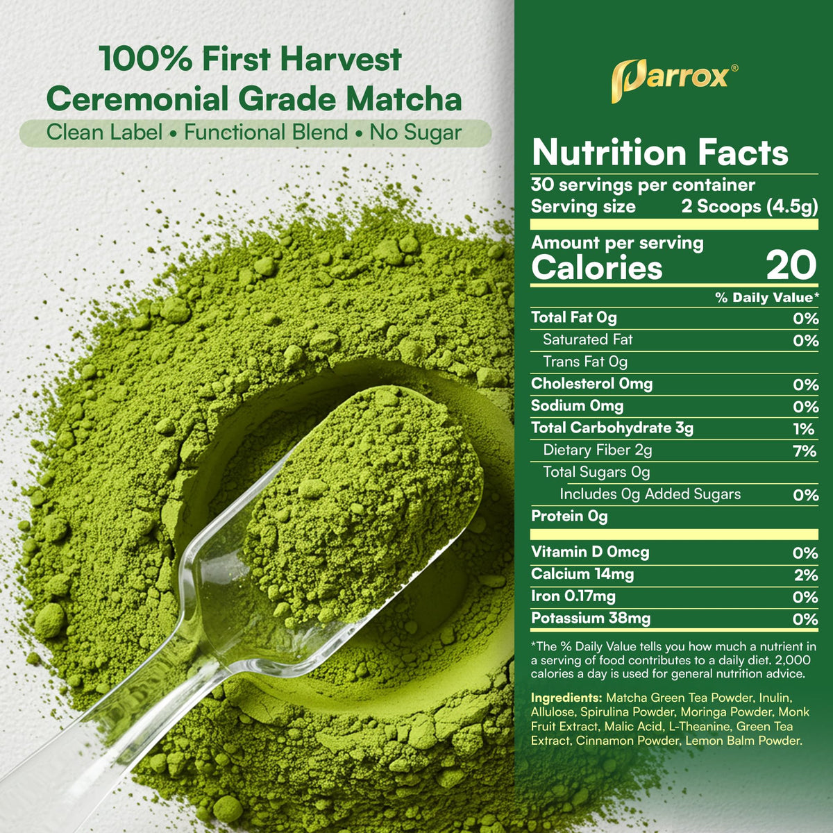 Parrox Ceremonial Grade Matcha Powder with Moringa & L-Theanine, Japanese, 2 Pack