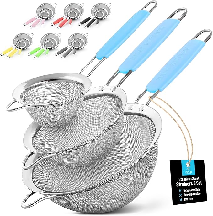 Zulay Kitchen Premium Stainless Steel Fine Mesh Strainer Set - Strainers For Kitchen (Set of 3) With Non-Slip Handles - Includes A Small, Medium & Large Fine Mesh Sieve Set - Durable Metal Strainer