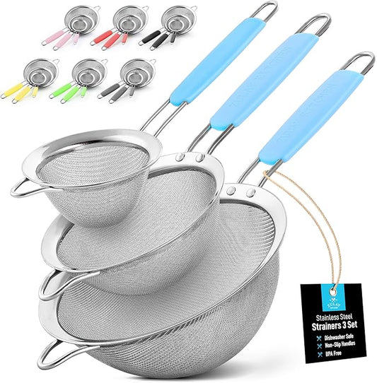 Zulay Kitchen Premium Stainless Steel Fine Mesh Strainer Set - Strainers For Kitchen (Set of 3) With Non-Slip Handles - Includes A Small, Medium & Large Fine Mesh Sieve Set - Durable Metal Strainer