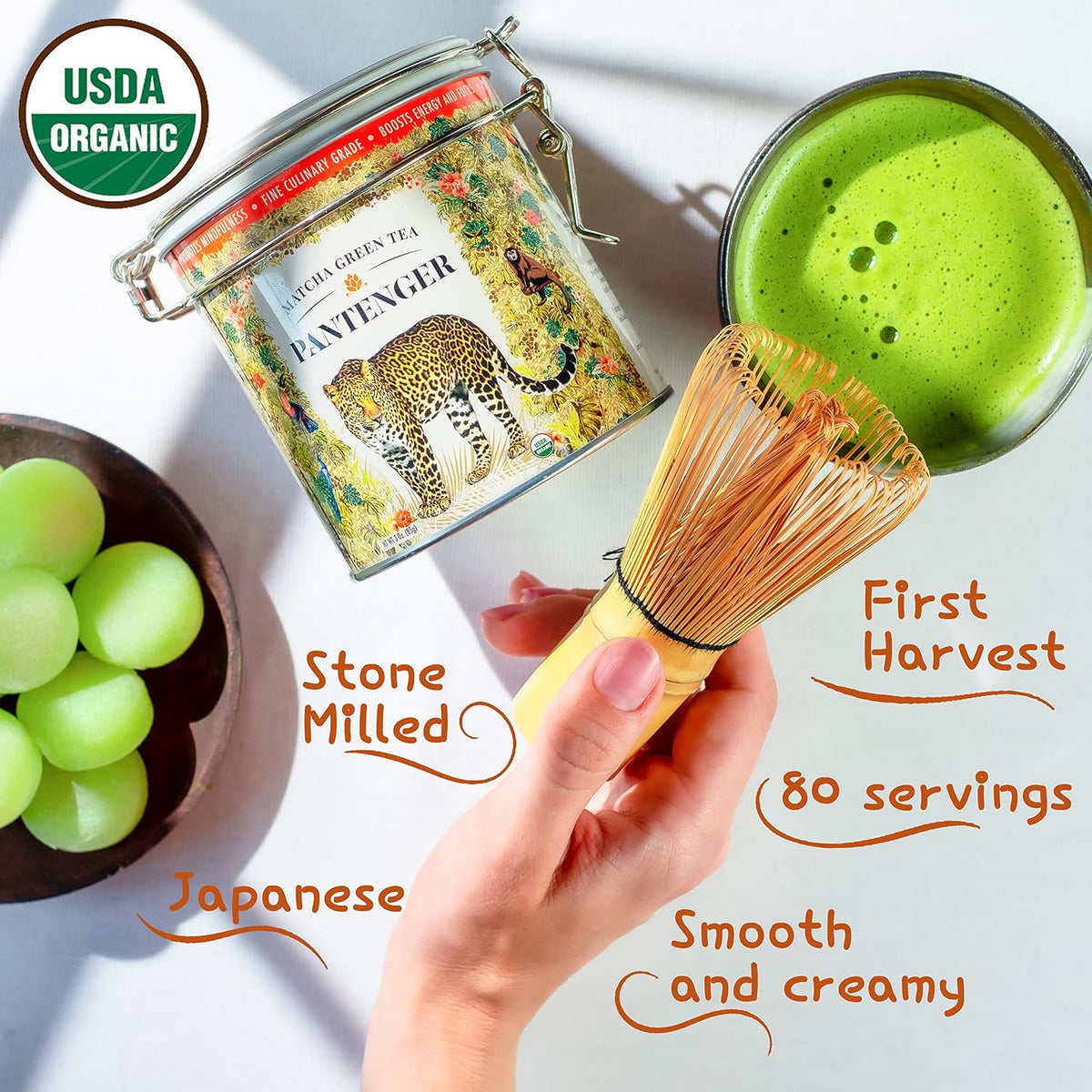Pantenger Organic Matcha Green Tea Powder | 3 OZ - 70 Servings | Authentic Japanese Matcha Powder | Premium First Harvest | Latte &amp; Smoothie Grade.