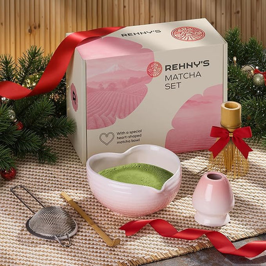 Rehny’s Matcha Whisk Set, Complete Matcha Set w/Heart-Shaped Bowl, Bamboo Whisk, Holder, Stainless Steel Sifter, Bamboo Scoop