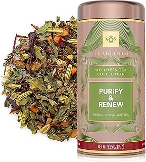 Teabloom Purify and Renew Loose Leaf Herbal Tea with Lemon, Herbs & Yerba Maté | Lightly Caffeinated Garden-Inspired Blend | Canister Makes 35–50 Cups | Gift-Ready Reusable Tin