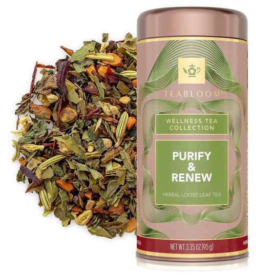 Teabloom Purify and Renew Loose Leaf Herbal Tea with Lemon, Herbs & Yerba Maté, Lightly Caffeinated Garden-Inspired Blend, Canister Makes 35–50 Cups