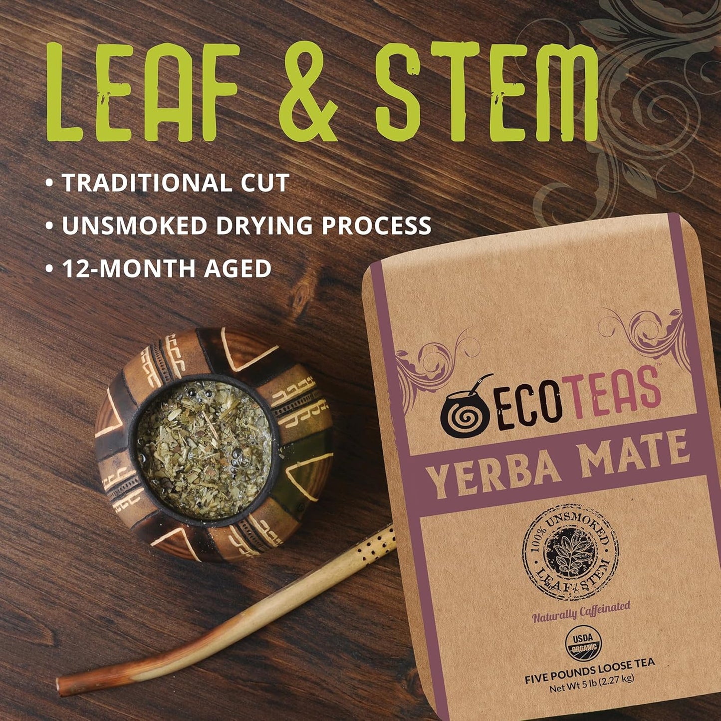ECOTEAS Organic Yerba Mate Loose Leaf Tea – Unsmoked Detox Herbal Tea for Natural Energy – Coffee Alternative - Kosher, Non-GMO, Gluten-Free - Traditional Leaf-Stem Cut, 5 lb