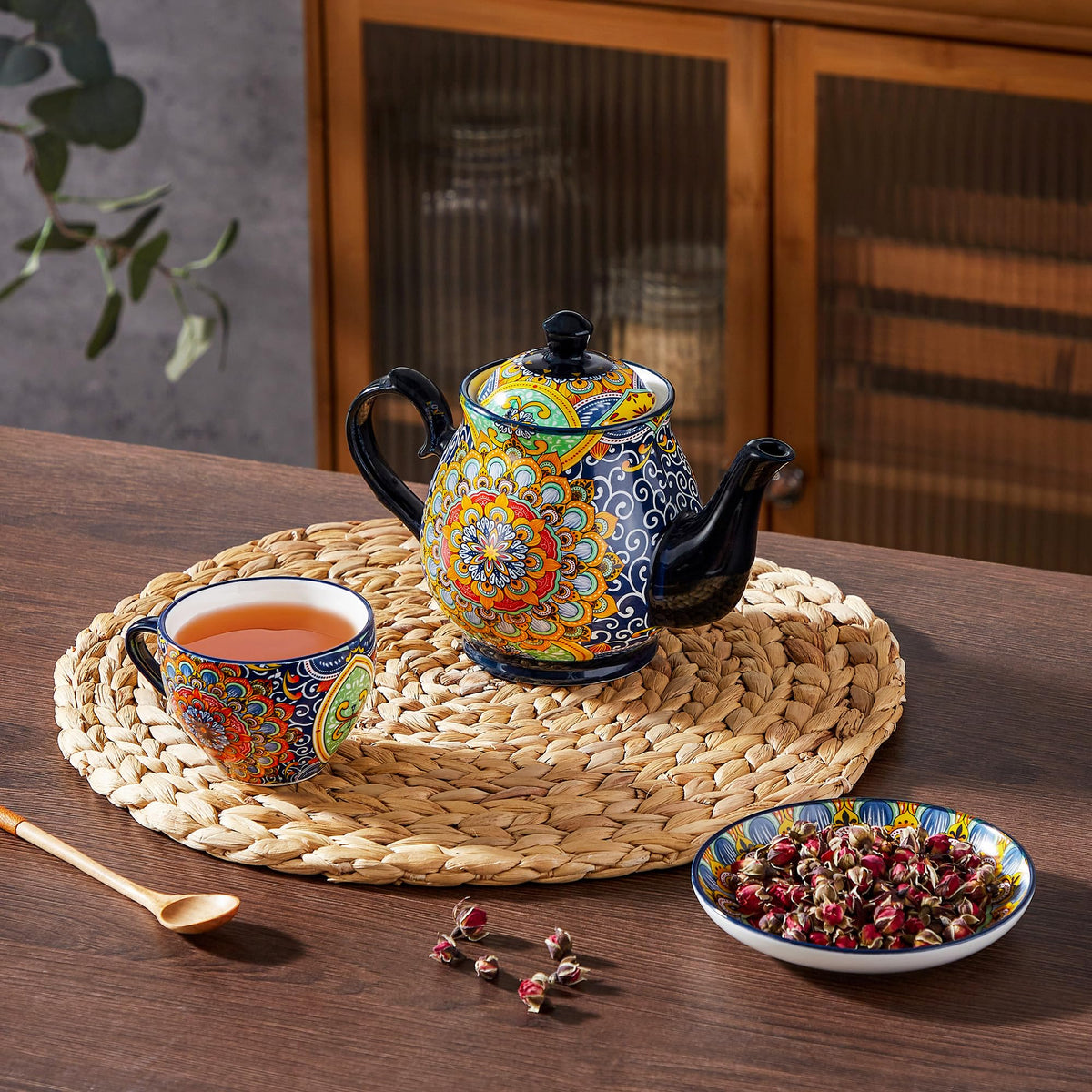 vancasso SIMI 28 oz Porcelain Teapot, Bohemian Ceramic Tea Pot with Regal Bloom Pattern, Microwave & Dishwasher Safe
