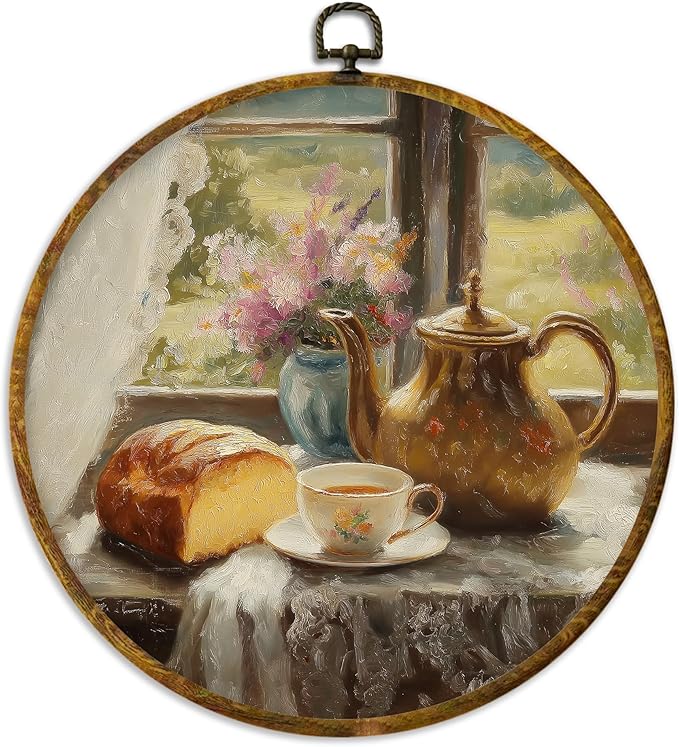XPH Abstract Vintage Teapot Bread Round Wall Art Framed, Antique Coffee Cup Floral Circle Wall Decor