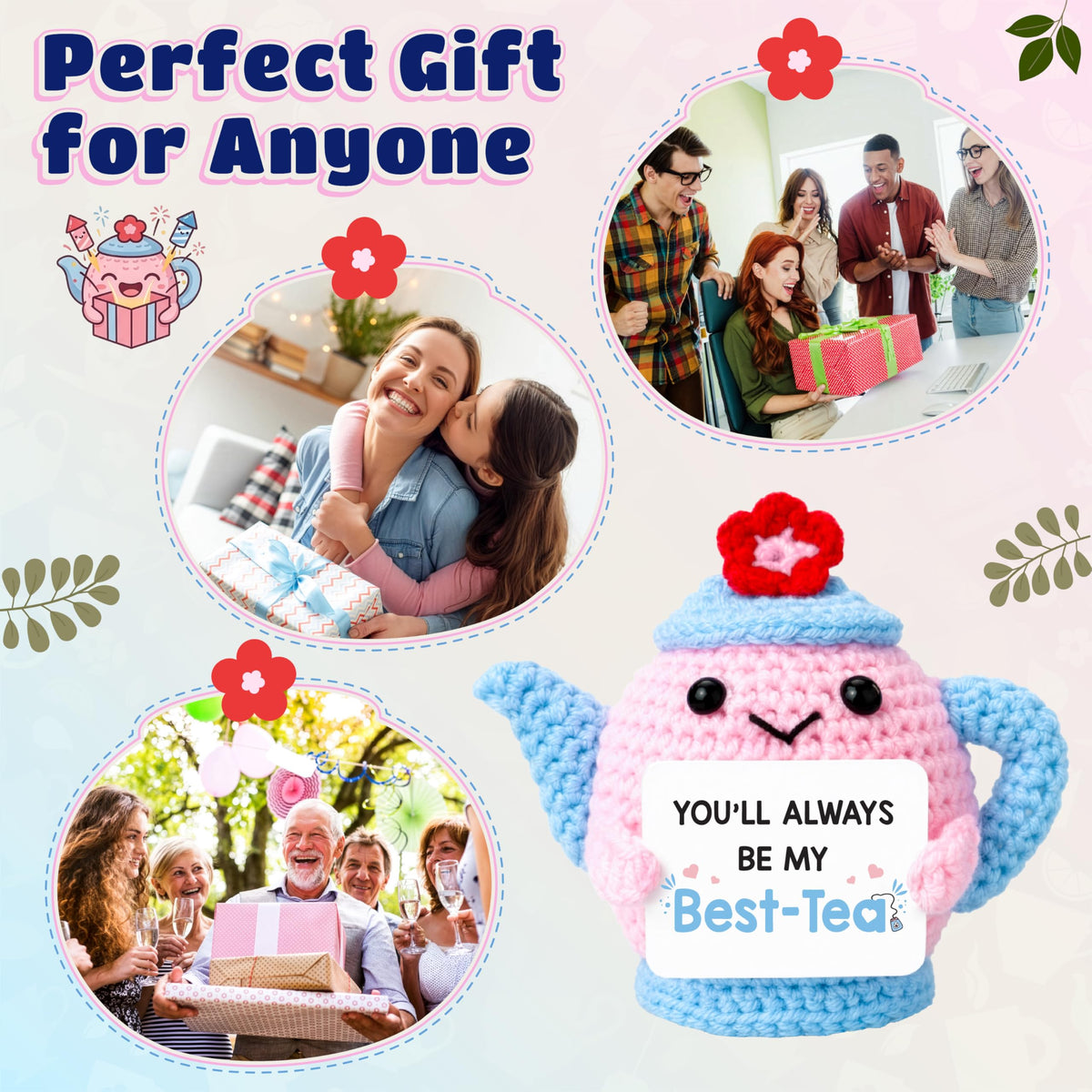 THEGIFTY Best-Tea Friendship Gift for Women Positive Crochet Teapot