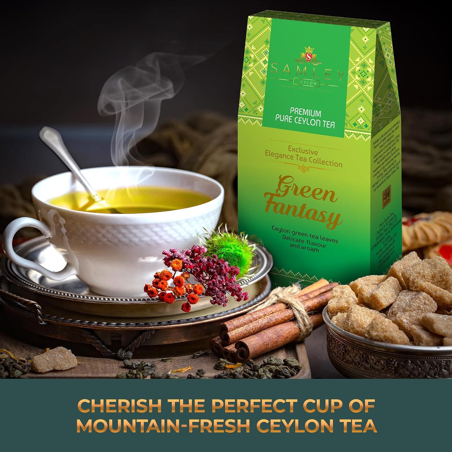 SAMLEY CEYLON - Green Tea Loose Leaf - Ceylon Tea Premium Green Tea - Mountain Fresh Sri Lanka Pure Fantasy Blend - Loose Leaf Specialty Grade Authentic Quality - 3.5oz Package