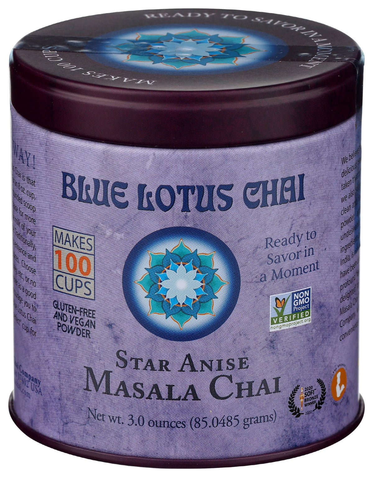 Blue Lotus Chai - Star Anise Masala Chai - Makes 100 Cups - 3 Ounce Masala Spiced Chai Powder with Organic Spices - Instant