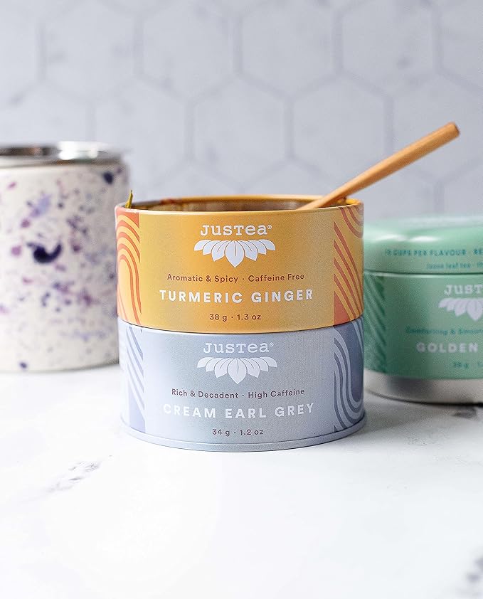 JusTea Assorted Tea Trio, Stacking Tins Variety Pack with Hand Carved Spoon, Loose Leaf Tea, Variable Caffeine, Award-Winning, Fair Trade, Non-GMO