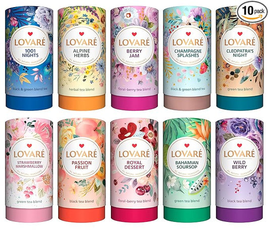 LOVARE Loose Leaf Tea Set 80 g - Made in Ukraine – Pack of 10 Assorted Tubes - Gift Box Tubes with 150 Paper Filters - Easy to Brew Flavored tea - tea Gifts