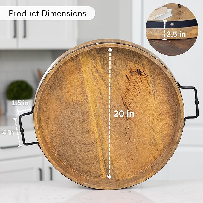 20" Extra Large Round Ottoman Tray, Heavy Duty Mango Wood, for Serving Tea, Breakfast in Bed
