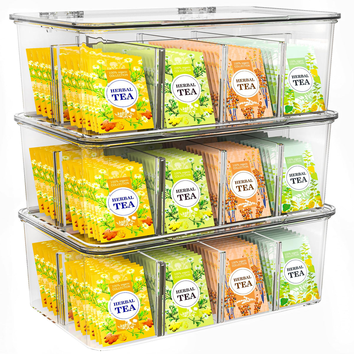 Utopia Home Tea Bag Organizer with Lids, Stackable Tea Box, 3 Pack, Clear