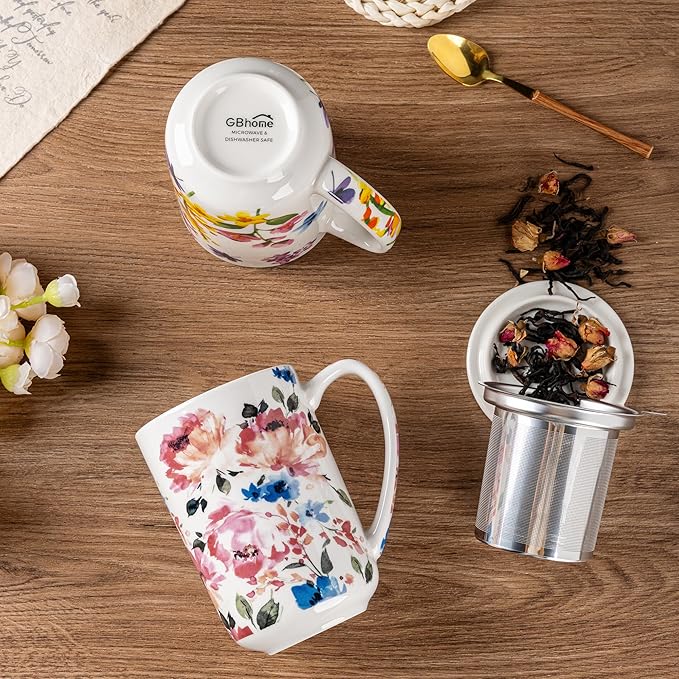 Gbhome Tea Mug with Infuser and Lid, 18 Ounce Large Ceramic Loose Leaf Cup, Microwave, Dishwasher Safe, Perfect For Tea Lovers