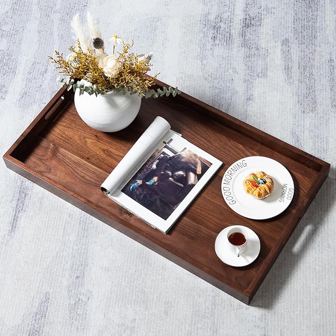 32"x18" XXL Wooden Ottoman Tray with Handle FSC Natural Handmade Rectangle Black Walnut Serving Tray Vintage Decorative Platters for Oversized