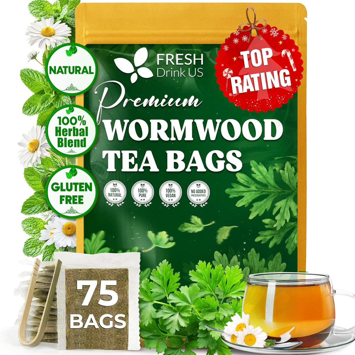 FreshDrinkUS, Premium Wormwood Tea Bag, 75 Count, Pure, Caffeine Free