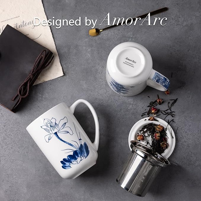 AmorArc Porcelain Tea Mug with Infuser and Lids, 18 Oz Large Cup Strainer with Bag Holder for Loose Leaf Tea