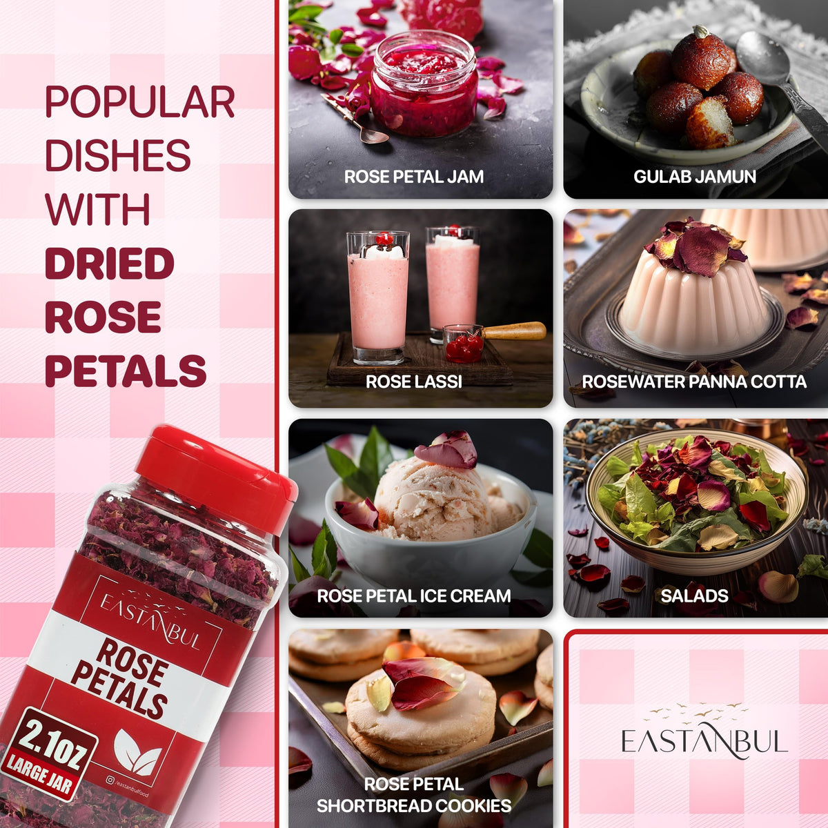 Eastanbul Dried Rose Petals, Edible Rose Petals, Natural, Vegan, 2.1oz