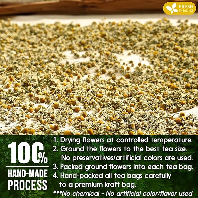 FRESHDRINKUS, Premium 135 Chamomile Tea Bags, 100% Natural and Pure Chamomile Flowers, Eco-conscious Tea Bags. Herbal Tea. No Sugar, No Caffeine, No Gluten, Vegan.