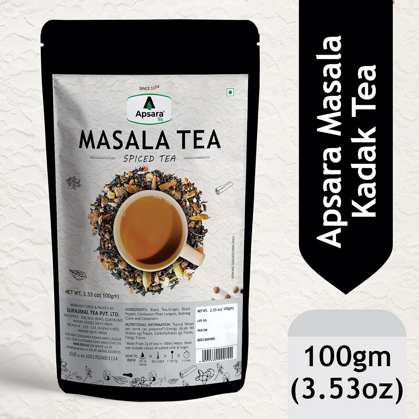 Apsara Masala Chai Tea 100g (3.5 oz), Premium Indian Spiced Tea with Natural Spices (Black Pepper, Clove, Cardamom, Cinnamon, Ginger), Strong & Aromatic Flavor for Milk Tea, Authentic Blend, Pack of 1
