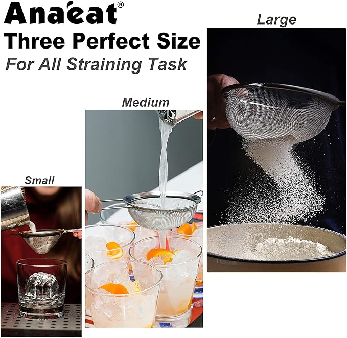 Anaeat Fine Mesh Strainers - Premium Stainless Steel Colander Sieve Sifters, with Durable Mesh and Sturdy Handle
