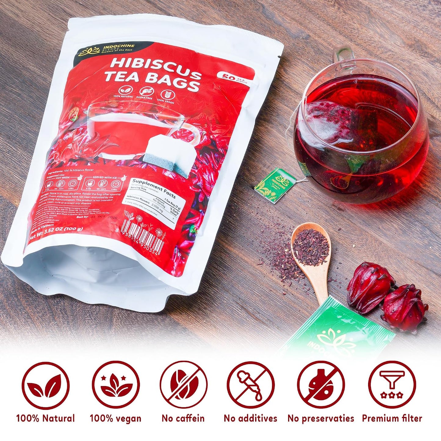 Indochine Blends Hibiscus Tea Bags, 100% Pure Hibiscus Flower, 50 Count