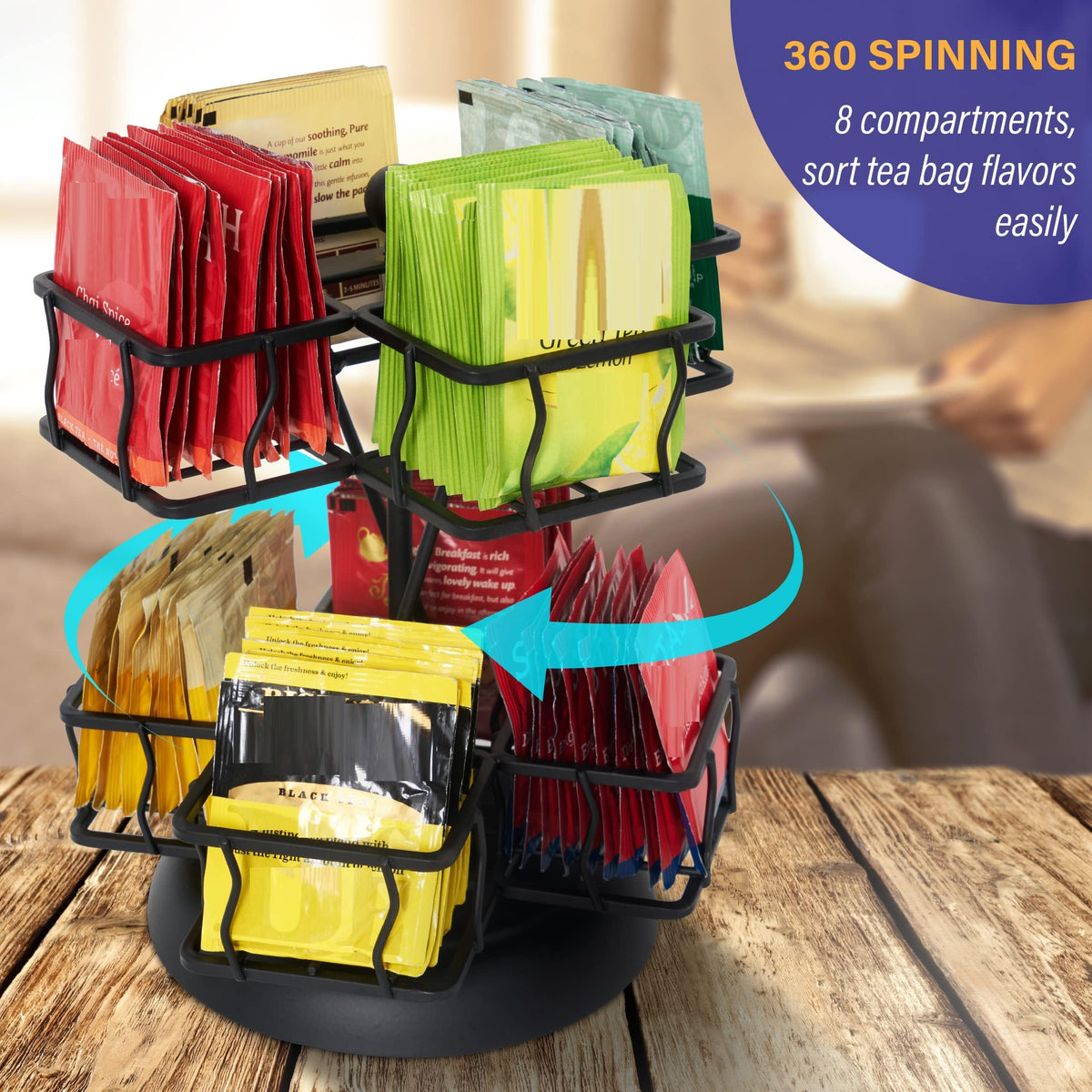 NHZ Tea Bag Storage and Organizer, Tea Bag Holder Black Powder Coated Stainless Steel for Tea and Coffee Box. Organize 100
