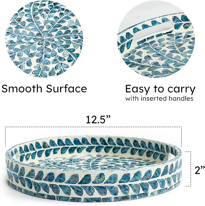 Claynix Serving Tray 12.5 Inch, Lacquer Mother of Pearl Inlay Mosaic Tray, Round Wooden Marble Tray with Handles Trays for Tea, Breakfast (Leaf Style)