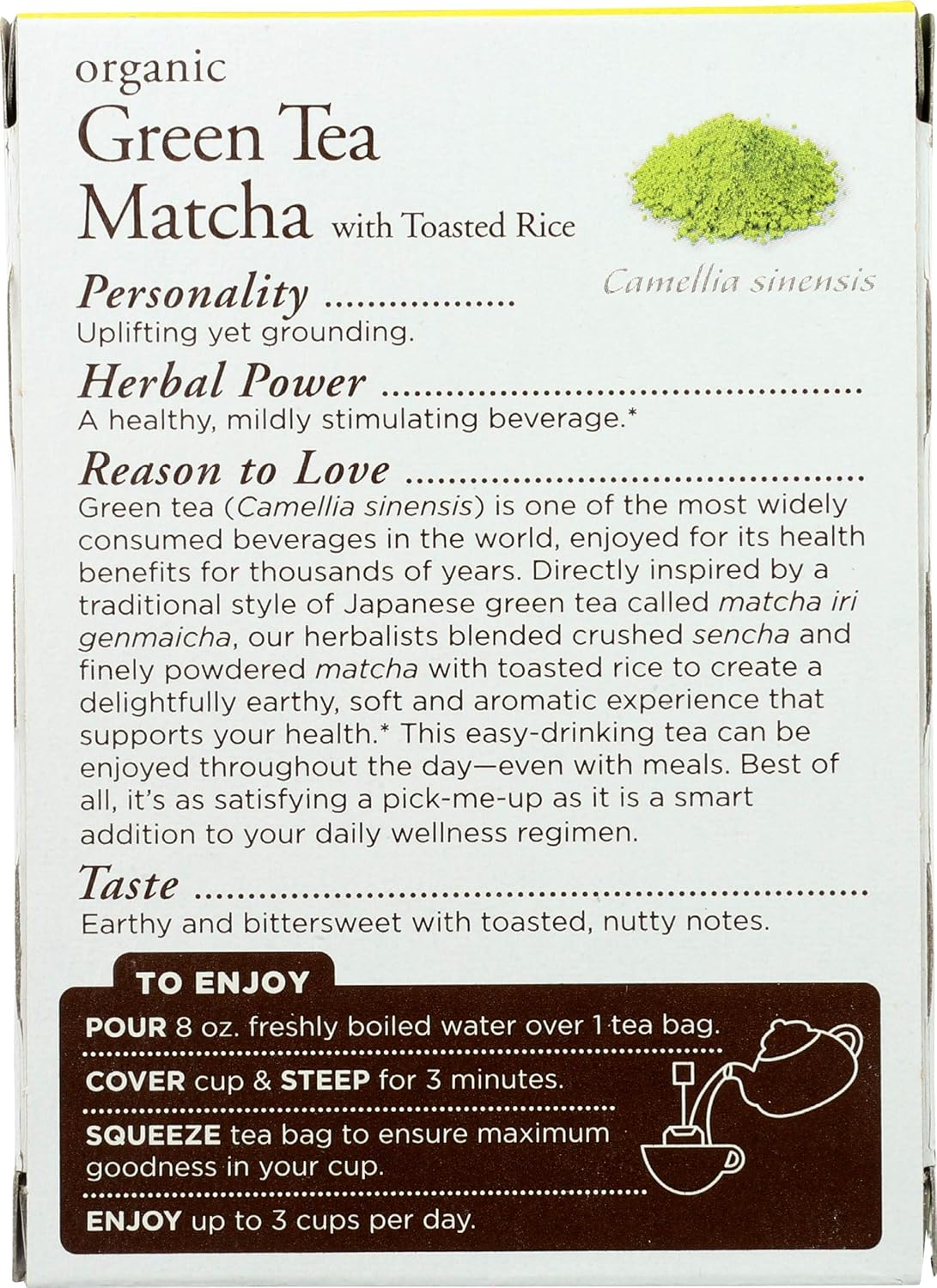 Traditional Medicinals Tea, Organic Green Tea Matcha, Genmaicha, Supports Health, Kosher, Non-GMO, Caffeine-Free, Compostable - 96 Tea Bags (6 Pack)