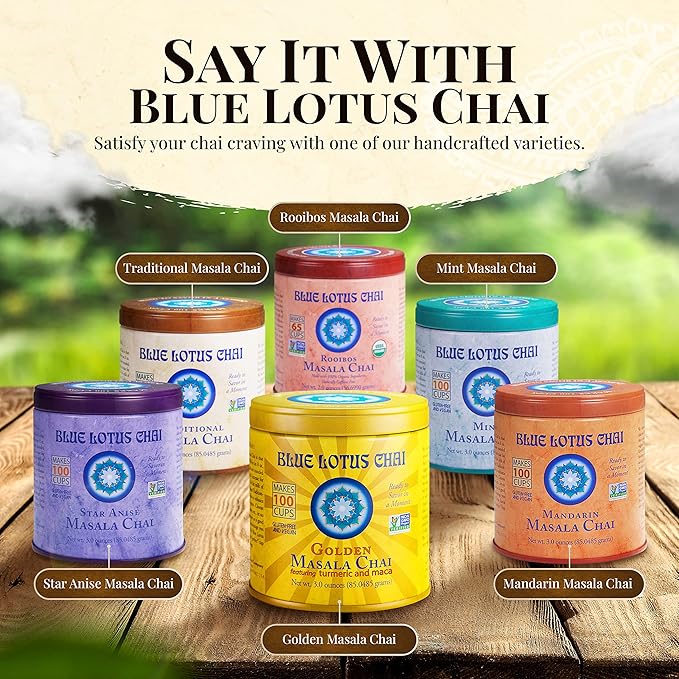 Blue Lotus Chai - Golden Masala Flavor Chai - Makes 100 Cups - 3 Ounce Masala Spiced Chai Powder with Organic Spices - Instant Indian Tea No Steeping - No Gluten