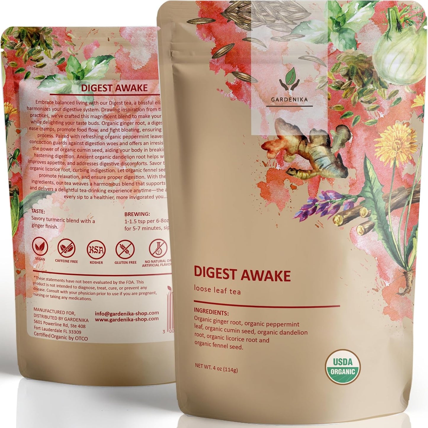 Gardenika Organic Digestive Loose Leaf Tea, Stomach Ease Herbal Caffeine-Free Leaves, Ayurvedic Blend with Dandelion Root, Ginger, Peppermint, Licorice – 4 oz