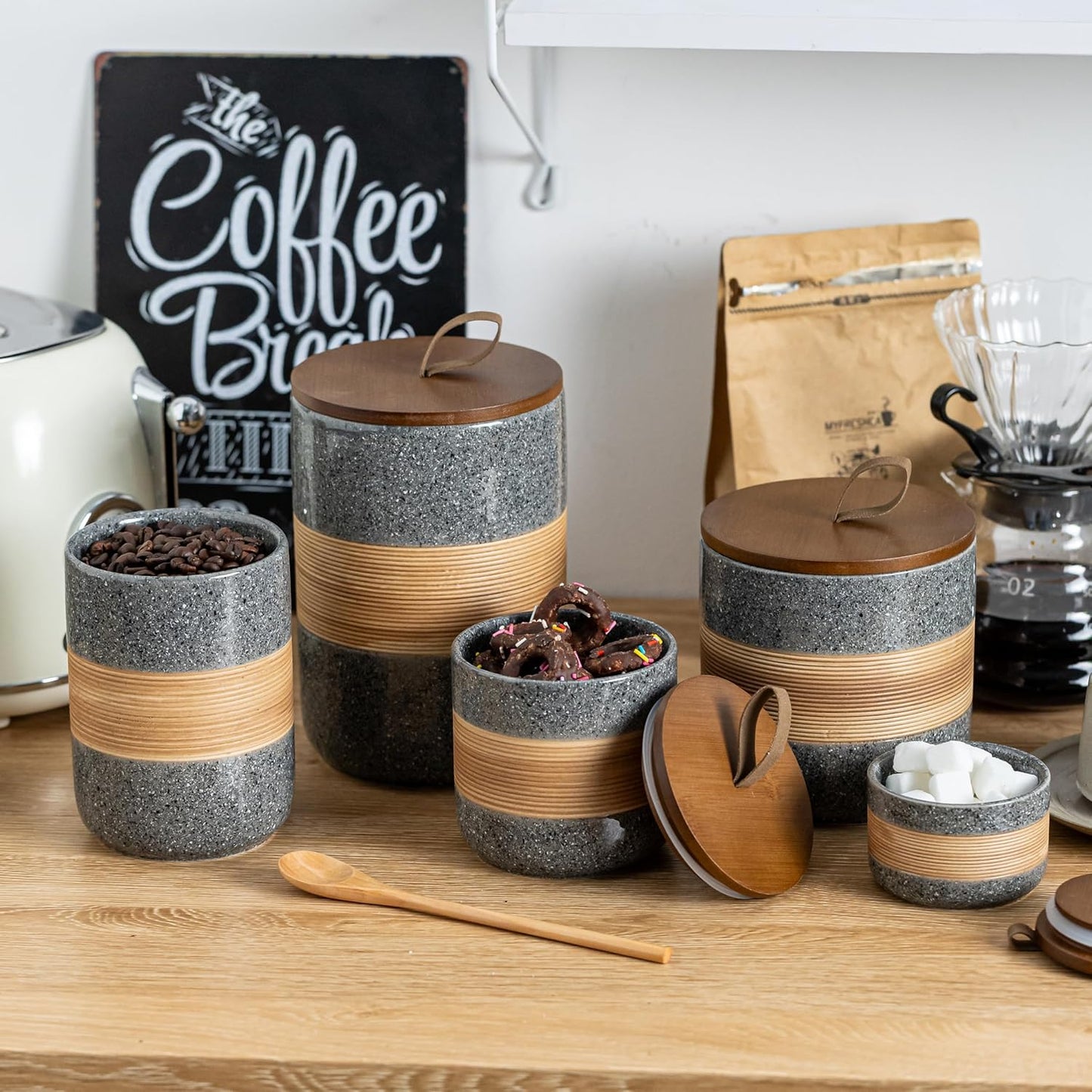 Miamolo Ceramic Coffee Container, Coffee Jar for Kitchen Counter Keep Fresh | Coffee Canister with Airtight Lid, for Tea Matcha Storage | Modern Farmhouse Countertop, for Coffee Enthusiasts | Grey &amp; 18oz