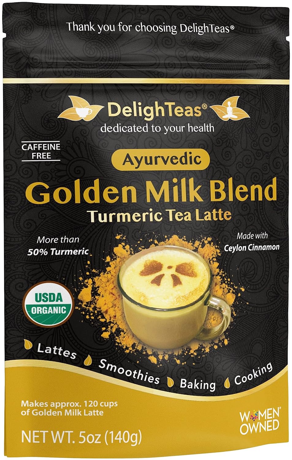 DelighTeas Organic Golden Milk Powder with Turmeric, Ginger, Ceylon Cinnamon | Ayurvedic Spices for Golden Turmeric Latt