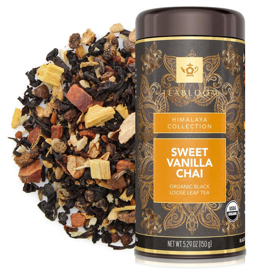 Teabloom Organic Black Tea, Sweet Vanilla Chai Loose Leaf Tea, Rich and Spicy Vanilla-Scented Blend, Exceptional USDA Organic Whole Leaf Blend, 5.29 Ounce Loose Leaf Tea Canister Makes 35-50 Cups