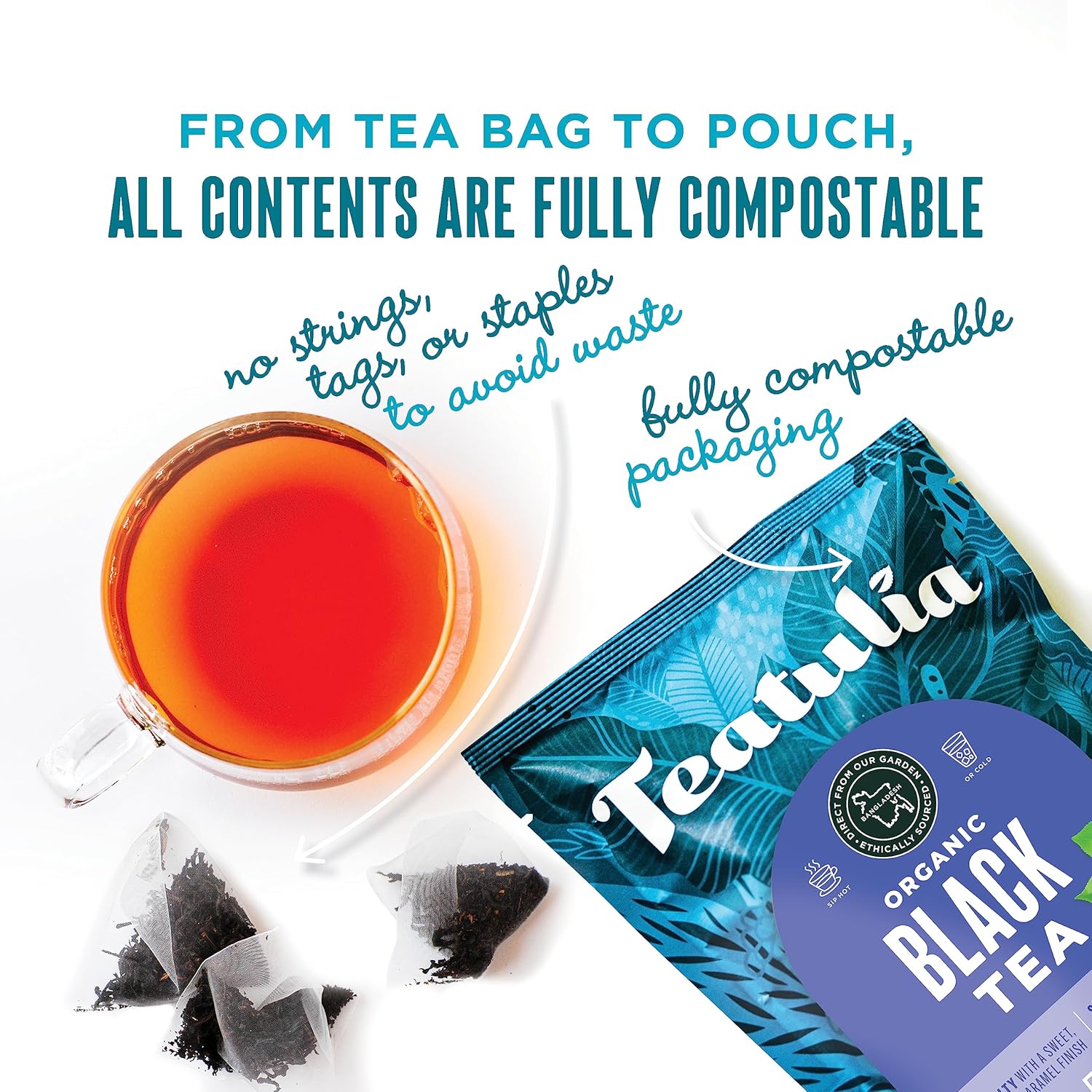 Teatulia Organic Black Tea Bags (50 Pyramid Sachet Teabags) 100% Compostable and Sustainably Grown In Bangladesh. Pure Black Tea Strong English Breakfast
