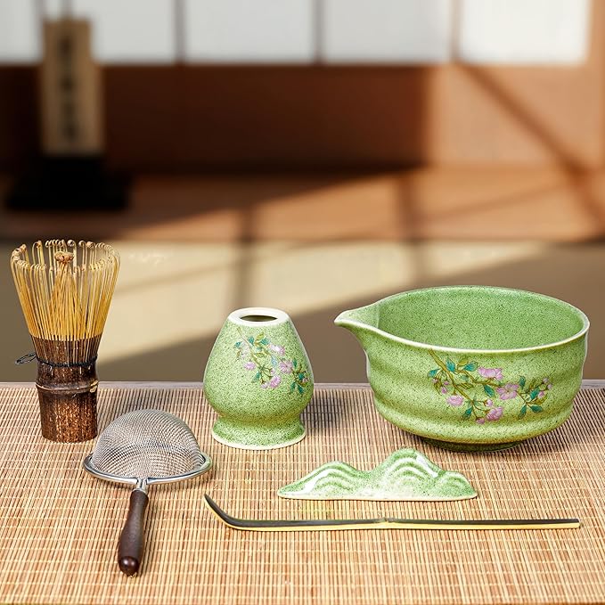 7-Piece Matcha Set with Ceramic Matcha Bowl, Bamboo Whisk (Chasen) & Holder, Sifter, Tea Scoop & Rest, Special Bamboo Tea Mat