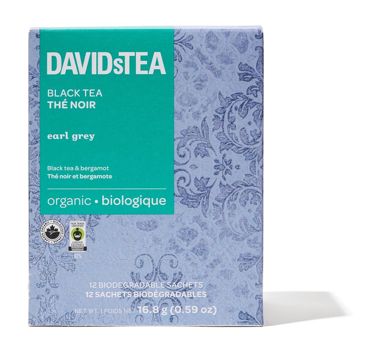 DAVIDsTEA Organic Earl Grey Tea Bags Black Tea with Natural Bergamot Oil – High Caffeine – 12 Count – Bold, Citrusy, Classic Breakfast Tea Blend with a Smooth & Aromatic Finish