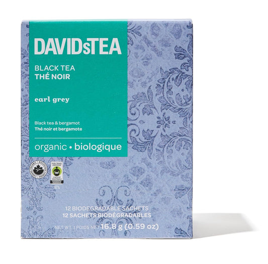 DAVIDsTEA Organic Earl Grey Tea Bags Black Tea with Natural Bergamot Oil – High Caffeine – 12 Count – Bold, Citrusy, Classic Breakfast Tea Blend with a Smooth & Aromatic Finish