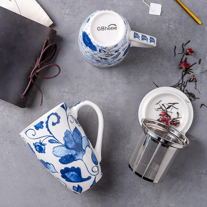Gbhome Tea Mug with Infuser and Lid, 18 Ounce Large Ceramic Loose Leaf Cup, Microwave, Dishwasher Safe, Perfect for Tea Lovers
