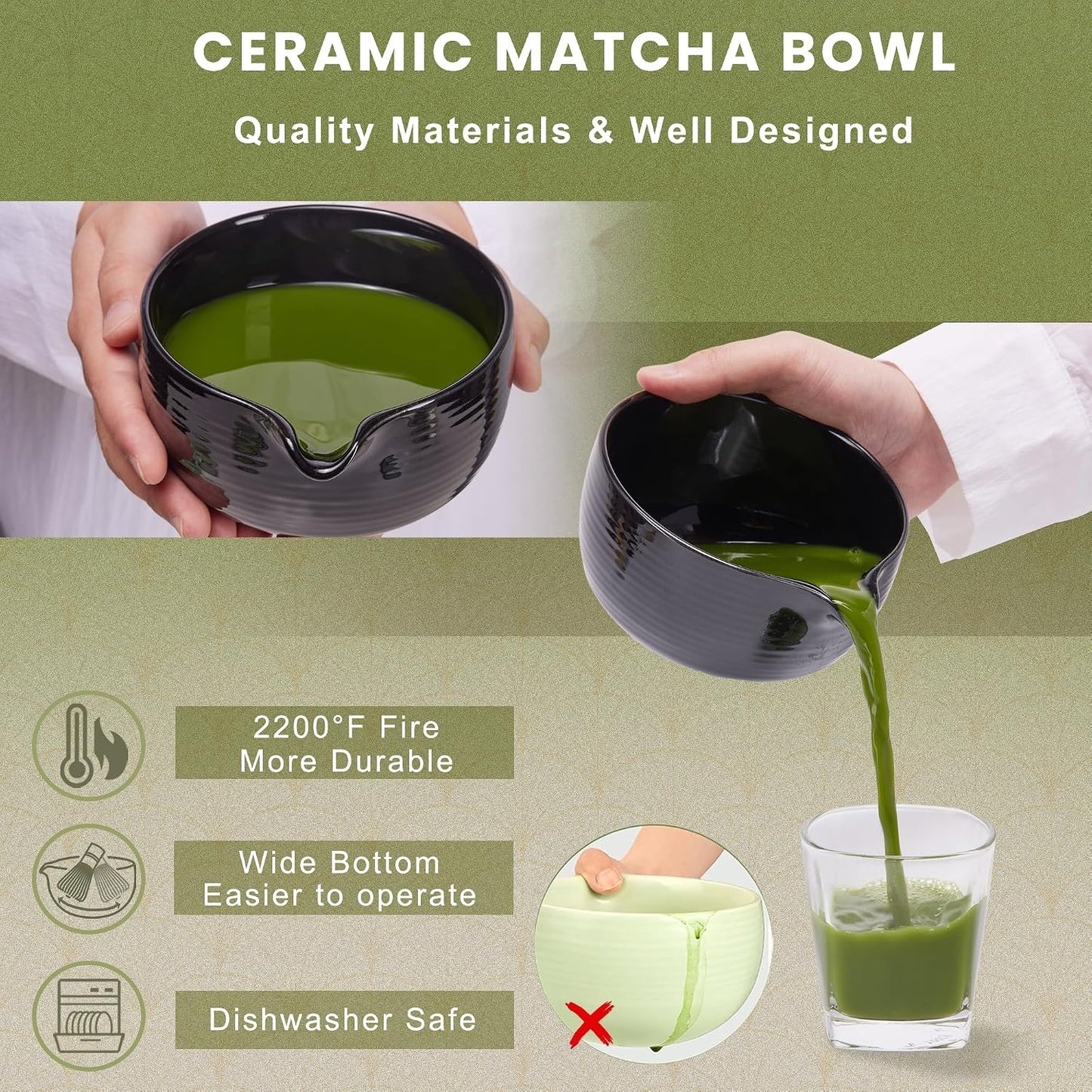 Matcha Bowl and Whisk Set,Bamboo Matcha Whisk,Matcha Spoon and Scoop Handmade,Matcha Sifter and Ceramic Matcha Whisk Holder for Matcha Maker Black, Normal, ZYMC6Pcs01-Black