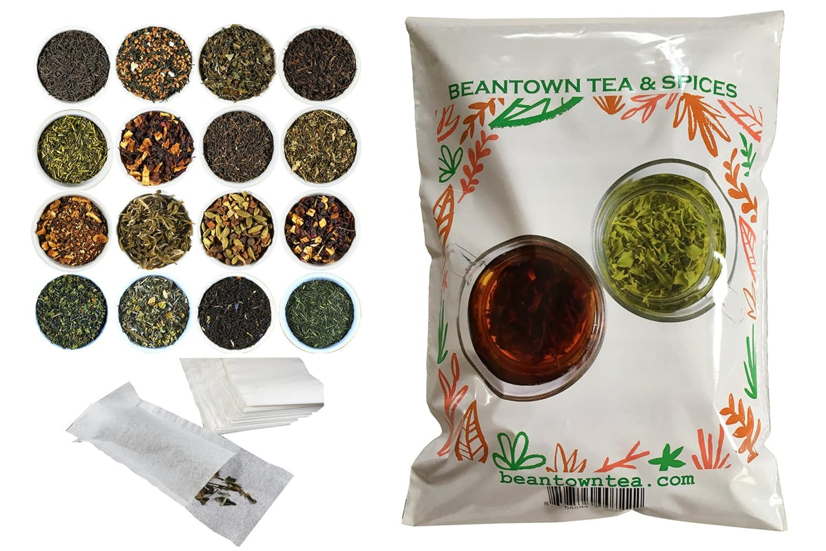 Beantown Tea & Spices - 15 Gourmet Samplers & 100 Filters Pack. Variety of Premium Loose Leaf Tea Samplers. Great Gift Idea and Stocking Stuffers