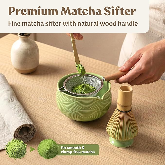 Matcha Kit Whisk Set (7 Pcs) - Complete Matcha Set, Matcha Bowl with Spout, Whisk with Holder, Bamboo Scoop with Rest and Sifter
