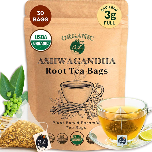 Dr. Lu’s Organic Ashwagandha Tea | Wild-Harvested in India’s Ayurvedic Regions | 100% Natural Calm &amp; Stress Support | 30 x 3g Full Strength Corn Fiber Pyramid Bags (No Plastic, No Nylon)