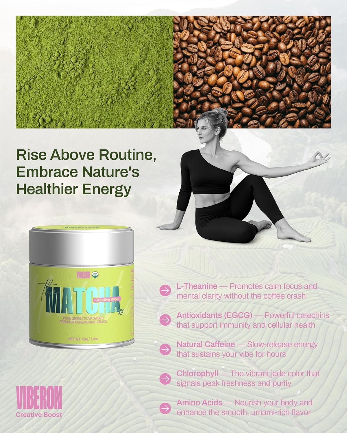 Viberon Organic Ceremonial Matcha Green Tea Powder - Premium Ceremonial Grade, USDA Certified, First Spring Harvest, 100% Pure - Sugar Free, Gluten Free (40g / 1.4oz Tin)