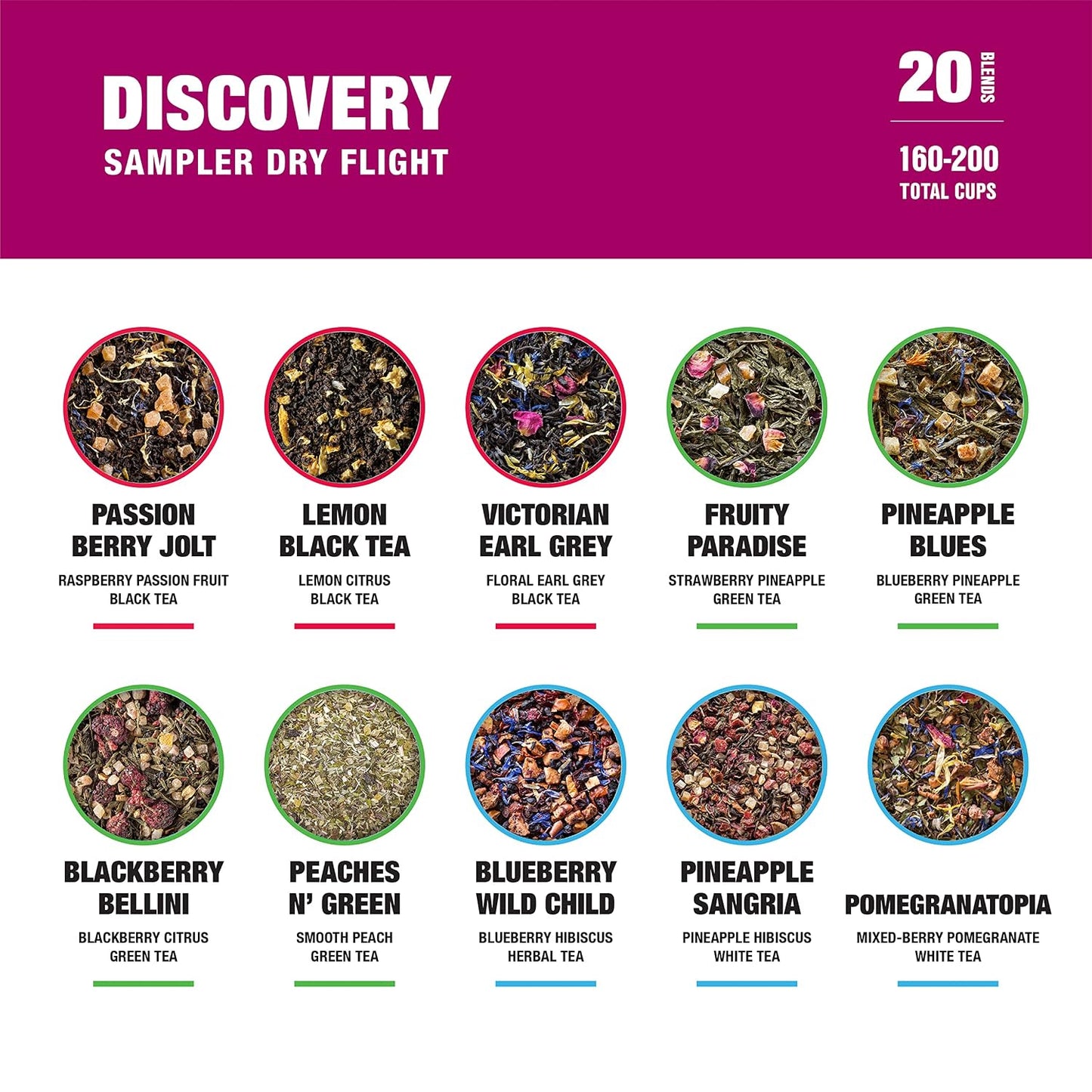 Tiesta Tea - Discovery Tea Sampler Dry Flight Set and Brewbasket Infuser Bundle, 20 Sample Pouches with Green, Herbal, Black &amp; Chai Tea, 5oz Reusable Stainless Steel Strainer Brewbasket