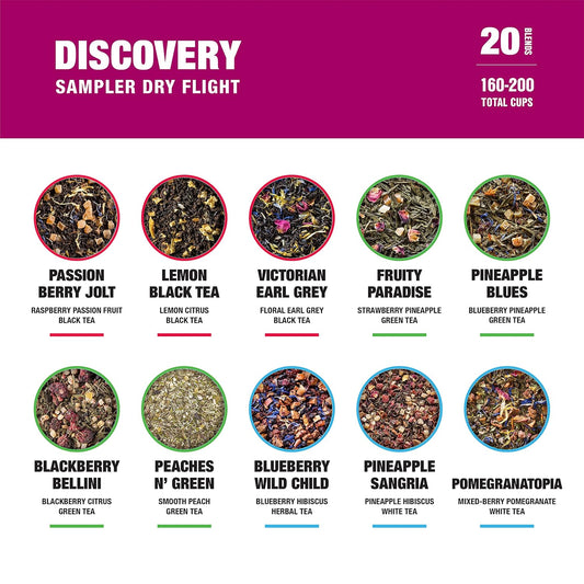 Tiesta Tea - Discovery Tea Sampler Dry Flight Set and Brewbasket Infuser Bundle, 20 Sample Pouches with Green, Herbal, Black &amp; Chai Tea, 5oz Reusable Stainless Steel Strainer Brewbasket